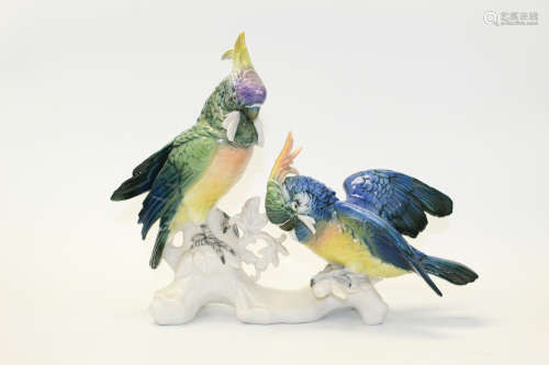 Karl Ens Volkstedt German Vintage Porcelain Double Parrots Figure, Blue Mark.