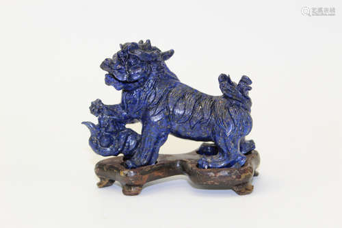 Chinese Carved Lapis Lazuli Qilin on Wood Stand.