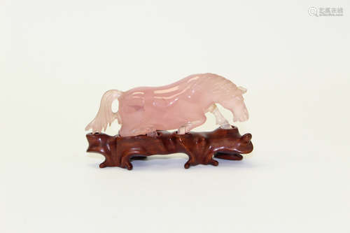 Chinese Carved Rose Quartz Horse on Wood Stand.