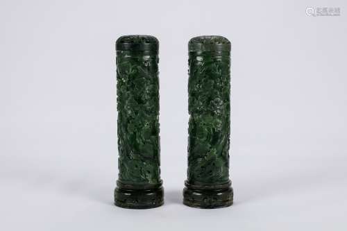 Pair of Chinese carved spinach jade vases.