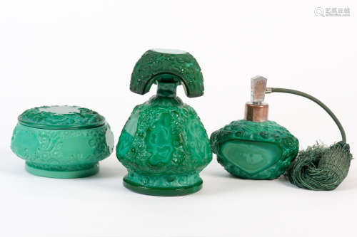Three piece Czech malachite glass boudoir set (Heinrich Hoffman). Bohemian Art Deco Lotion bottle, powder jar and perfume bottle.