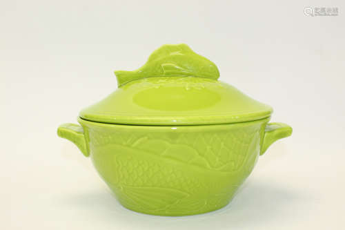 Gien, made in France, green covered casserole with fish handle on the lid.