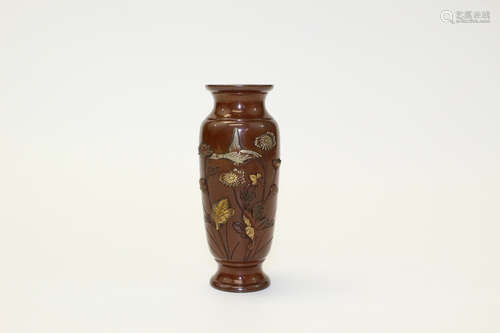 Japanese Bronze Miniature Vase with Silver and gold inlaid.