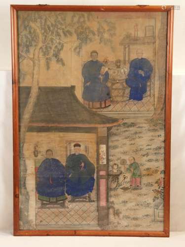 Ancestral image - representation of the ancestors of a Chinese family, two pairs of<br />ancestors with individualized facial features seated at the table in an architectural setting, ink and watercolor heightened in gold on paper, China, Qing Dynasty, paper with horizontal folds and partial abrasion, partly spotted, framed under glass, approx .138,5x95cm, with metal suspension