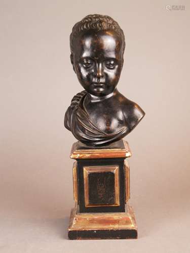 Pilon, Germain (1537-Paris-1590, French sculptor of the Renaissance, after) - bust of a<br />boy, possibly French King Henry II as a child, c. 1800, bronze, dark patinated, hollow inside, on a rectangular wooden base with stucco decor (slightly abraded), signs of age, total height ca.38.5 cm, without base ca.23,5cm