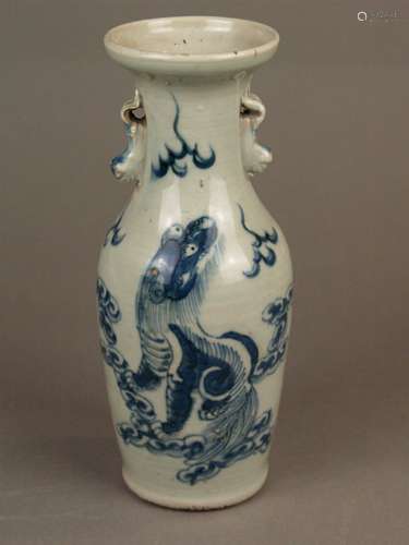 Baluster vase - China, gray glaze,  Shishi-representation in underglaze blue on the<br />obverse side, fully plastic shishis on the neck , slightly bumped, stand ring with encrustations, unmarked, minimal glaze imperfections, H.ca.24,5cm