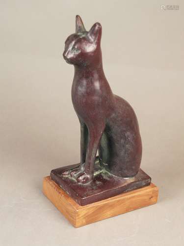 ''Egyptian Cat'' - The Austin Sculpture Collection, fully sculpted figure of the ancient<br />Egyptian goddess Bastet, gypsum material, bronze patinated, mounted on a rectangular wooden base, H.ca.30cm, marked ''AUSTIN PROD INC 1965'' on the reverse