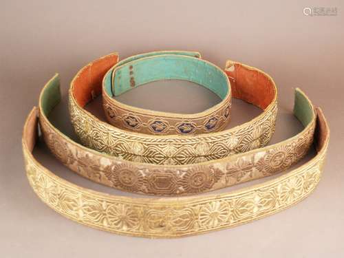 Four wedding belts - Morocco, large-scale floral embroidery on fabric  elaborated with<br />silver and gold threads, very fine handwork, L.ca.85-97cm, B. up to ca.8cm, especially insides with signs of usage: tears / flaws