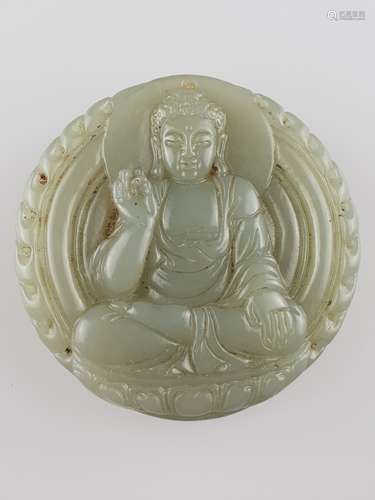 Jade amulet - China, fine carvings of celadon-green jade, on both sides Buddha-figure on a<br />lotus pedestal, polished, dm.ca.5cm, ca.50g