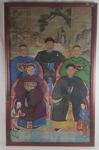 Ancestral image - many-figure representation of the ancestors of a Chinese family, sitting<br />in two rows of three female and two male ancestors with individualized facial features in front of a stylized landscape scenery, gouache and watercolor on paper, China, Qing Dynasty, paper with horizontal folds, tears and imperfections, partly glued on the backside, with retouching and additions, framed under glass, ca.127x80cm, with metal suspension