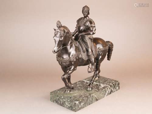 Equestrian statue of Bartolomeo Colleoni - bronze, darkly patinated, probably 19th<br />century, reduced-size copy of the original by Andrea del Verocchio (1435-1475) in Venice, fully round statue of the Lieutenant-General of the Serenissima Bartolomeo Colleoni (around 1400 - 1488), detailed execution with spurs, reins, stirrup and sword, right spur broken off, horse slightly bumped behind, on rectangular green marble base, total height ca.38cm, height without base ca.34cm