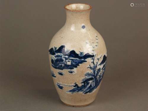 Small baluster vase - China, porcelain with brownish craquelure glaze, on the obverse side<br />landscape scene in blue painting on recessed white ground, brown rim, unglazed base ring, on the bottom retrospective 4-character Chenghua blue mark, H.ca.19,5cm