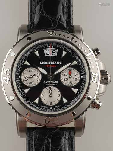 Men's Wristwatch - Montblanc Flyback Chronograph, Limited Edition, stainless steel, black<br />dial with bar index, small second by 9 o'clock and stopwatch displays by 3 and 6 o'clock, big date by 12 o'clock, water resistant to 200 meters, inscribed. ''Montblanc, Flyback, Automatic 200 Meters, Swiss made'', D.42mm, No.7059-PL407843, black leather strap with crocodile pattern and stainless steel lock, L.ca.24,5cm, ran by the time of the cataloging, in a good condition, with original box , original booklet and original replacement straps