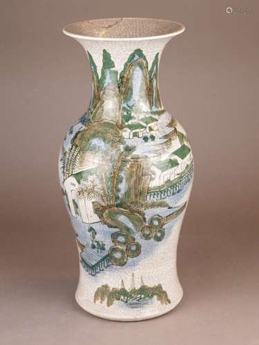 Baluster vase - China, Craquelee glaze, decor in poychrome enamel colors, wall on the side<br />with Shan Shui landscape, not marked, H.ca.43cm, edge restored, crack in the bottom, around 1900