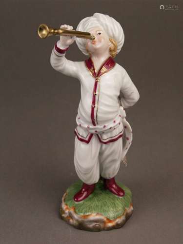 Musician from ''The Turkish Orchestra''- Hoechst, Germany, blue wheel mark with painter's<br />sign 'To 153', 20th century, trumpeter, porcelain, glazed, polychrome painted and gilt, white jacket, on naturalistic pedestal, design by Johann Peter Melchior (1747-1825 ), H.ca.18cm