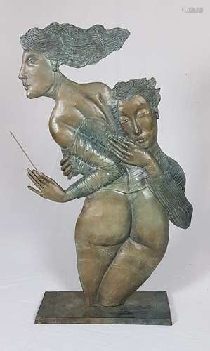 Ceytaire, Jean-Pierre (* 1946 in Paris) - ''Monsieur joue d'un bel instrument, Madame donne<br />le tempo'', bronze, brown patina, 1991, No.4 / 8, H.ca.117cm, exhibition ''Madame donne le tempo ... ''Satyra Gallery Kronberg May / June 1993