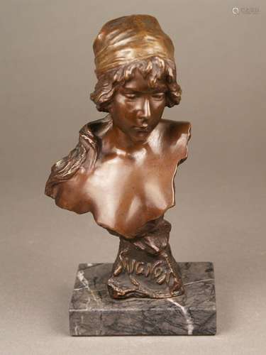 Villanis, Emanuel (1858 Turin - 1914 Paris) - ''Mignon'', female bronze bust, brown patina,<br />signed 'E. Villanis', on square plinth on the front titled, inscribed 'Salon 1891', backside signed 'LU / II', on rectangular stone base, small reproduction of the big bust, total height.ca.22,5cm, height without base about 20cm