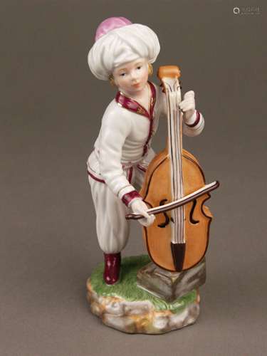 Musician from ''The Turkish Orchestra''- Hoechst, Germany, blue wheel mark with painter's<br />mark 'Tö 76', 20th cent., Gamba player, porcelain, glazed, polychrome painted and goldstaffiert, white jacket, on naturalistic pedestal, design by Johann Peter Melchior (1747-1825 ), H.ca.18cm