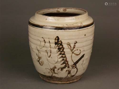 Storage pot - stoneware with white glaze and dark brown decor, brown background inside,<br />stand unglazed with bumps, restored at the rim / hairline crack, H.ca.22cm / dm. (Opening) ca.16,5cm