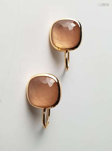 Pair of POMELLATO Earrings -  18kt. gold, each about 21mm long, about 12mm wide, total<br />weight c.11,5g, faceted rose quartz appr.11 × 11mm, signed and stamped