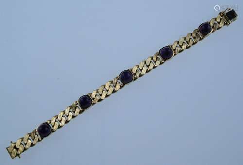 Amethyst link bracelet - heavy armored chain with 5 amethyst cabochons, YG 750,<br />L.ca.20,5cm, ca.71,2g