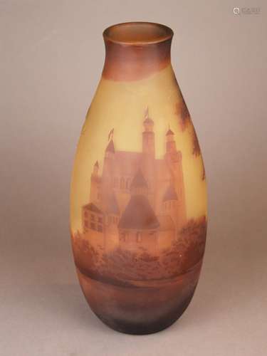 Art Nouveau vase with mediaeval castle view - ovoid shape, transparent glass, reddish<br />brown overlaid, all round etched tree-covered landscape depicting a castle surrounded by water, highly etched signature ''Gallé'', traces of age or use, height ca.38,5cm, early 20th century