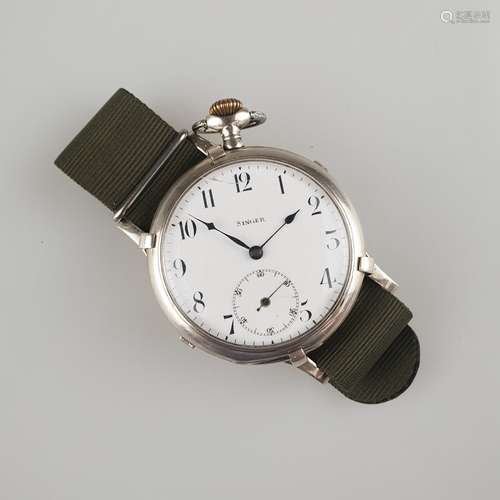 Pocket watch with strap - Longines movement, silver case, white enamel dial with Arabic<br />numerals marked ''Singer'', small second at 6 o'clock, functional, fabric strap added, signs of age or wear, glass with crack, D.ca.5cm