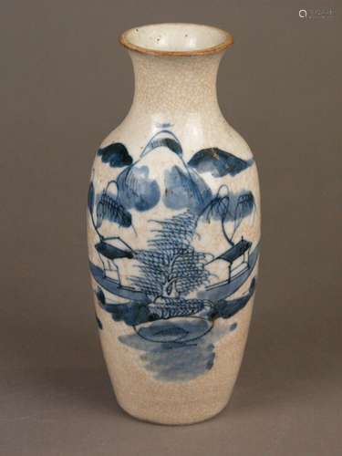 Small baluster vase - China, porcelain with brown-colored craquelure glaze, on the obverse<br />side landscape scene in blue painting, brown rim, H.ca.22cm