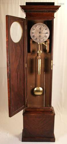 Longcase Precision Clock - Ferdinand Berthoud (1727-1807), around 1800, silvered dial with<br />Roman numerals and Arabic minute, signed ''Ferdinand Berthoud'' above the ''6'', partly worn, subsidiary  second hand below the ''12'', with the inscription ''temps Moyen, diam.c.30cm, behind glass, 1 weight, pendulum (wooden staff with heavy brass lens), in working order, key, movement signed: Couratin a Paris,paper marks to the backside, signs of age and wear, c.210x55x29cm -Ferdinand Berthoud (1727 in Plancemont, Switzerland-1807, Groslay in France) was a famous horologist and author of extensive treatises on timekeeping. Berthoud was apprenticed to his brother, a clockmaker at Plancemont, and subsequently studied in Paris. His indefatigable inventiveness and many publications soon made him influential in horological circles, and he became involved in the attempt to solve the problem of determining longitude at sea. Berthoud's achievement was his creation of a number of reasonably practical marine clocks, partly based on instruments previously constructed in expensive and delicate prototypes by Pierre Leroy of France and John Harrison of England, at a time when very few marine timekeepers were available at all.He was succeeded in his work by his much more-talented nephew Pierre-Louis Berthoud (1754-1813), a celebrated chronometer maker in his own right.(Encyclopædia Britannica)