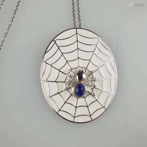 Pendant with chain - oval pendant, 18ct white gold, enamelled white, with plastically<br />worked spider sitting on its web, with lapis lazuli cabochon, L.ca. 5cm, weight ca.17,4g, silver chain stamped ''925''