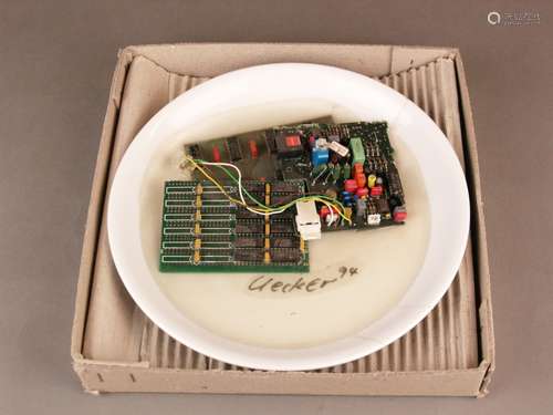 Uecker, Günther (1930 Wendorf / Mecklenburg, lives in Dusseldorf and Graciosa) -<br />''Electronic salad'', 1994, multiple, WMF porcelain plate with electronic parts in synthetic resin, under resin signed and dated ''Uecker 94'', edition for the West German radio commercial (WWF), slight signs of use, DxH: ca.24,4x2,5cm