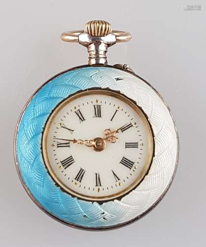 Ladies Art Nouveau Silver Pocket Watch -  Open face case, round enamel dial with Roman<br />numerals, stem wind,case finely engine turned  and  enamelled, back cover with applied half-round water lily, German, inside stamped '' Halfmoon, crown, 800'', very small damages to the enamels, D.c.30mm, in working order