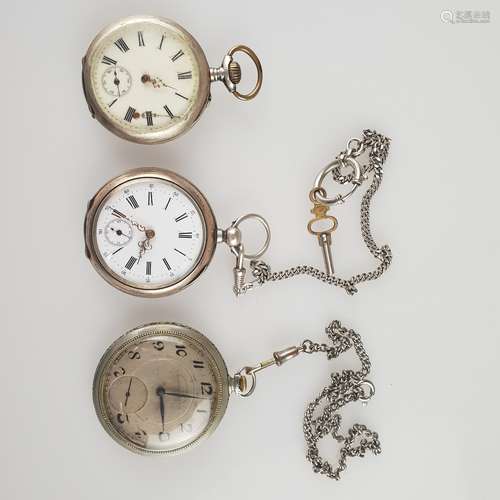 Convolute pocket watches - 3 pcs .: 2x pocket watch 800er silver case, hallmarked with<br />crescent and crown, cover with heraldic shield cartouche without engraving, white enamel dial with Roman numerals, small second at '6', D.ca.48mm, one with chain and key; 1x Art-Déco men's pocket watch ''Chronomètre Corgemont Watch'', metal dial with Arabic numerals, small second at '6', D.ca.5cm, all with stem wind, signs of age and wear