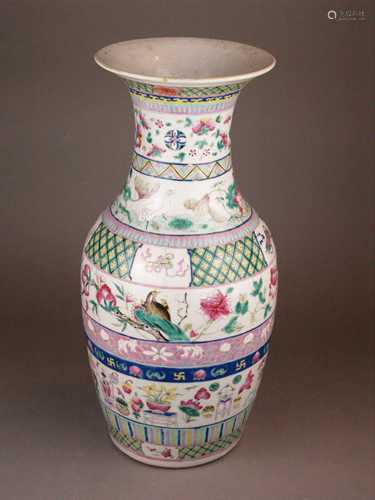 Balustervase - China, porcelain painted in the colors of the Famille Rose, structured by<br />encircling decorative borders with floral motifs, lucky symbols (cranes, lotus tendrils, treasures, fruit-bearing tree branches, peonies, bats) and ornamental ribbons, H.ca.45cm, wall restored ( crack), signs of use, bumps on the edge