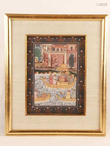 Mughal -style miniature painting - ''Akbar's Journey to Agra'', India / Persia, fine<br />polychrome gouache painting, scene from ''Akbarnama'' (Book of the Ancestors and the Government of the Third Mughal Emperor), representation of the Great Mughal of India Akbar I. (1556- 1605) on the journey from Delhi to Agra, paint layer slightly damaged in places, ca.25x18cm, framed under glass