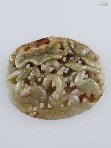 Jade plaque - China, probably a Ruyi scepter, filigree perforated carving of celadon green<br />jade with brownish inclusions, water landscape with cranes and lotus plants, edge with small bumps, ca.8x6,5cm, ca.78g