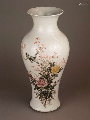 Baluster vase - China 20th century, porcelain with polychrome enamel decoration, wavy lip,<br />all around flowering branches, roses and pair of birds, inscription on the reverse in Chinese calligraphy, H.ca.39,5cm