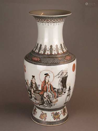 Large vase - all round finely painted decor with deities and immortals, inscription in<br />Chinese calligraphy and numerous seals (among others Qianlong), black filigree ornaments, at the foot the eight Buddhist treasures, unglazed bottom, rubbed gold rim, H.ca.54cm, China 20th century