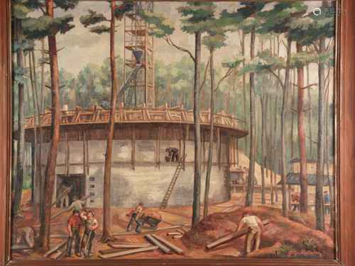 Rohleder, Hugo (1896 Wuppertal-1988 Kassel) - ''Worker on the construction of a water<br />reservoir'', oil on canvas, signed in lower right ''Hugo Rohleder'', ca.80x100cm, framed