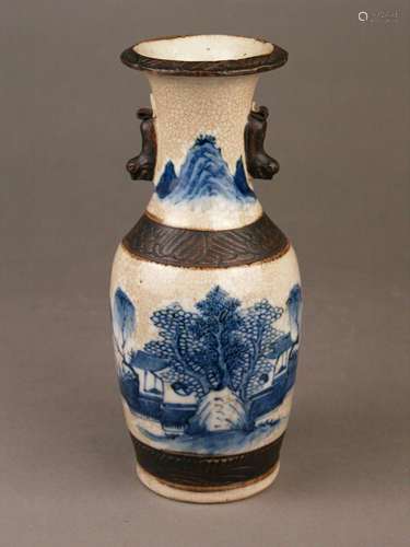 Vase - China, 2nd half of the 20th century, baluster shape with plastic Shishi handles,<br />underglaze blue landscape decor, craquelure glaze, decorative ribbons with incised decor, bottom with brown 4-character mark Chenghua Nian Zao, signs of use, H.ca.23 ,5cm