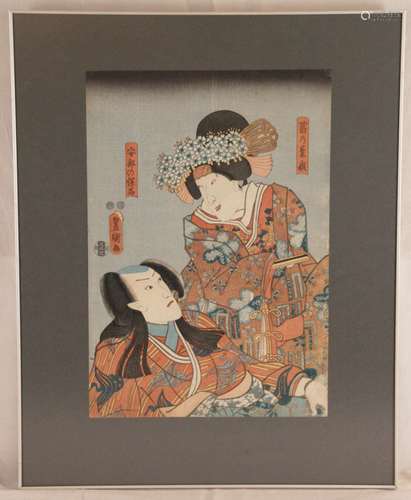 Utagawa Kunisada (1786-1865/ Toyokuni III)  - Kabuki Play Scene, woodblock colour print,<br />signed: ''Toyokuni ga'' in a toshidama-cartouche, Hama Yahei und Magomi Kangeyu  1849-1853 era Nanushi seals,  publisher: Kobayashi Taijiro, c.37x25,5cm, framed behind glass, minor age and use