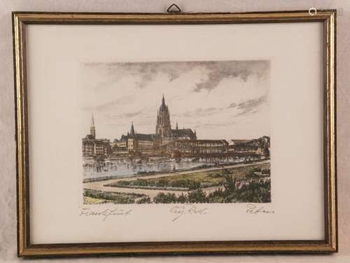 Frankfurt - Original-Farbradierung, unten rechts signiert Peters?, Blick auf den<br />Frankfurter Dom und den Eisernen Steg, Plattenmaße ca.11,5x15cm, unter Glas gerahmt