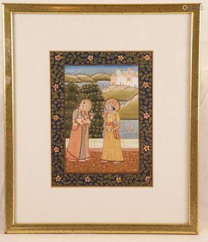 Miniature painting in the Mughal style - India, ''Krishna meets Radha in the garden'', fine<br />polychrome gouache painting, signs of age or wear, approx. 20.5x15.5cm, framed with PP under glass