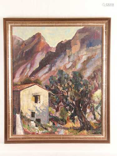 Lemaire, Suzanne (20.Jh.) - Landschaft mit Anwesen am mächtigen Baum vor Bergkulisse, Öl<br />auf Leinwand, unten links signiert 'S.Lemaire', ca.65x54cm, gerahmt