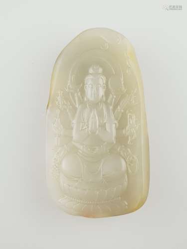 Jade carving - China, Hotan jade, greyish white jade, with multi-armed Bodhisattva figure<br />(Guanyin), dimensions ca.9.5 x 5cm, weight ca.195g