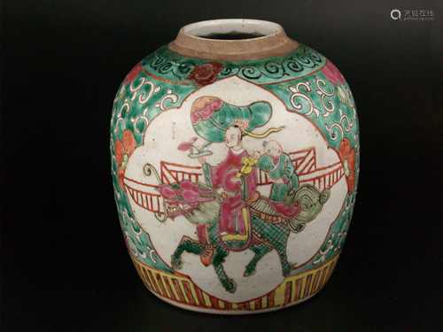 Shoulder pot - China, early 20th century, rounded wall and broad shoulder, short neck,<br />porcelain, polychrome onglaze decoration and enamel painting, turquoise-green glazed bottom, reserves with Guanyin riding on Quilin, lotus flower tendrils and Shuangxi characters, on green background, decorative borders, H.ca.22cm