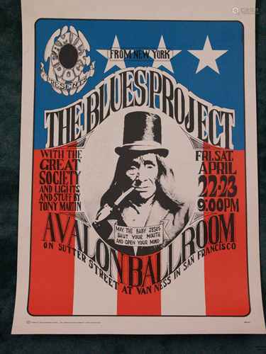 Wilson, Wes (born 1937, American artist of the psychedelic poster) - Concert poster Family<br />Dog No.5-3, San Francisco 1966, poster for concert in San Francisco Avalon Ballroom by The Blues Project in April 1966, central depiction of an Indian as Uncle Sam, edges minimally spotty, corner at the right  top minimally wrinkled, ca.52x36cm, not framed