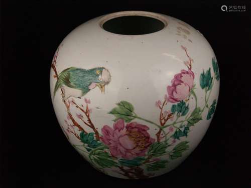 Famille Rose - shoulder pot - China, after 1900, porcelain with polychrome enamel<br />painting, rounded wall and broad shoulder, on the obverse side bird on flowering tree branch and peony flowers, on the back side chinese calligraphy, without lid, lip rim and unglazed base ring uneven and with small bumps, H. approx. 19cm, bottom with red export wax seal