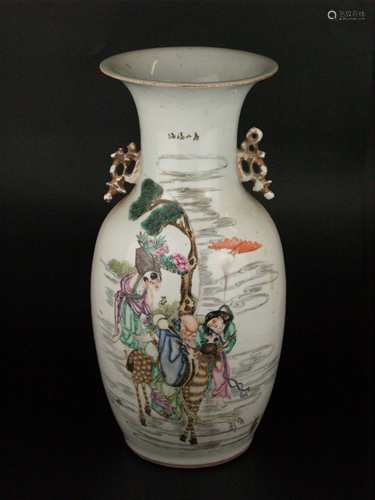 Large baluster vase - China, thick-walled porcelain with polychrome onglaze painting,<br />large multi-figured scene with Shoulao and other immortals in garden landscape, signed above, backside with Chinese calligraphy, butterfly handling partially bumped, gold staffage rubbed, cracked on the wall, H.ca.42,5cm