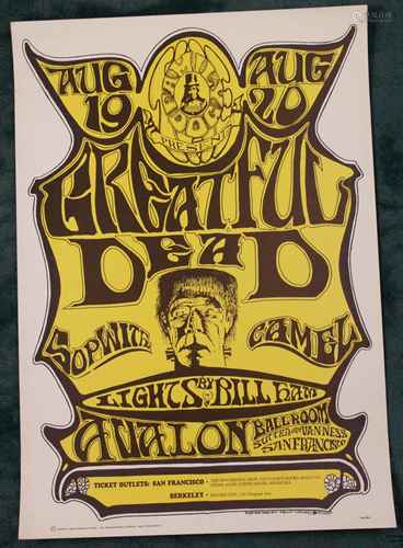 Kelley, Alton and Stanley Mouse (1940-2008 and born 1940, artists of Psychedelic Art) -<br />Family Dog Concert Poster, San Francisco 1966, poster for San Francisco Concert Avalon Ballroom by The Gratful Dead in August 1966, No.22- 3, corner and top slightly wrinkled, ca.52-36cm, not framed